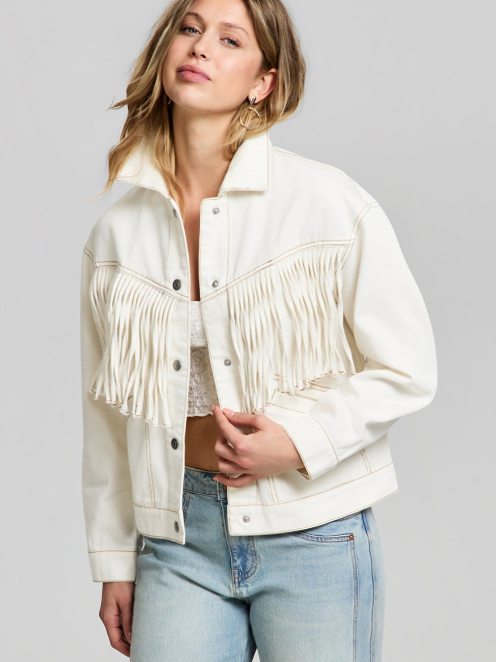 White Denim Fringe Jacket